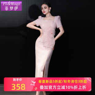 菲梦伊进口三醋酸立体花朵连衣裙女夏装 方领礼服裙 气质女人味修身