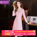 菲梦伊粉色小香风连衣裙女冬装 名媛千金感淑女收腰木耳边A字裙子