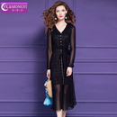 菲梦伊印花黑色连衣裙女冬季 设计感洋气时髦收腰V领显瘦打底裙子