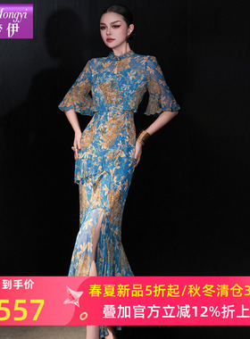 菲梦伊100桑蚕丝印花蓝色连衣裙女夏装新中式国风高端真丝旗袍裙