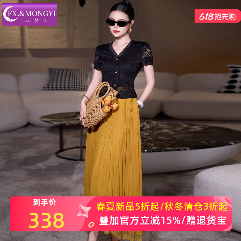 菲梦伊蕾丝连衣裙女短袖夏季轻熟高端名媛设计感小众V领百褶长裙