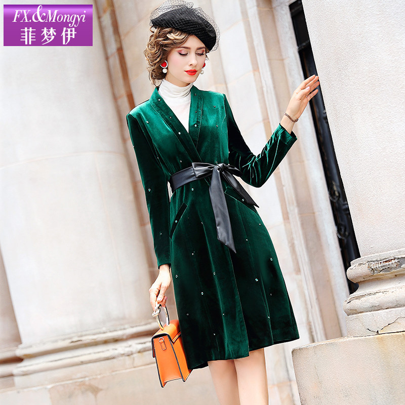 菲梦伊纯色钉珠风衣外套女中长款2019秋冬款复古时尚系带收腰大衣