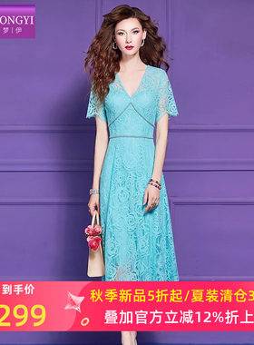 菲梦伊蕾丝钉珠连衣裙女短袖夏季设计感甜美高腰淑女气质显瘦裙子