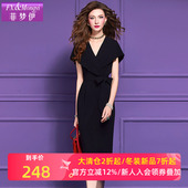 菲梦伊钉珠黑色连衣裙女夏季 时尚 设计感收腰系带赫本风气质中长裙