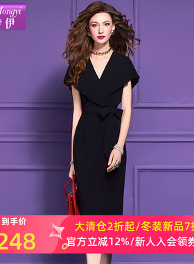 菲梦伊钉珠黑色连衣裙女夏季时尚设计感收腰系带赫本风气质中长裙