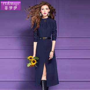 菲梦伊纯色衬衫连衣裙女秋装新款极简风轻奢高端气质收腰开叉裙子