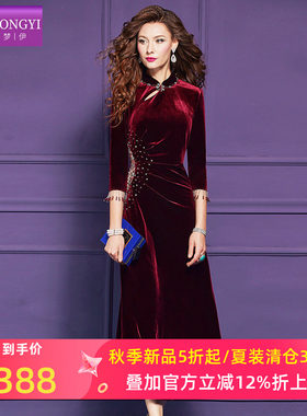 菲梦伊钉珠红色金丝绒连衣裙女冬季新中式国风褶皱旗袍裙敬酒礼服