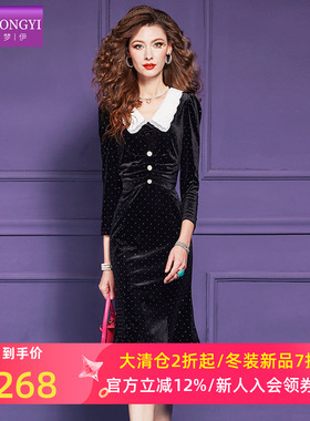 菲梦伊钉珠黑色金丝绒衬衫连衣裙女秋装复古赫本风收腰翻领中长裙