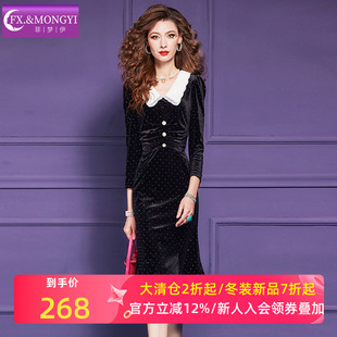 菲梦伊钉珠黑色金丝绒衬衫连衣裙女秋装复古赫本风收腰翻领中长裙