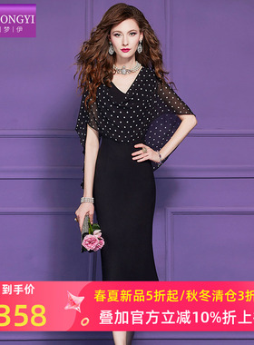 菲梦伊黑色波点连衣裙女短袖夏季轻熟气质女人味优雅修身显瘦裙子
