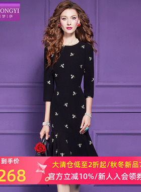 菲梦伊刺绣黑色连衣裙女秋季新款富家千金感赫本风气质收腰鱼尾裙