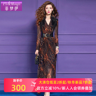 菲梦伊亮片钉珠印花连衣裙女秋装 复古收腰阔太太长裙 重工烫钻欧式
