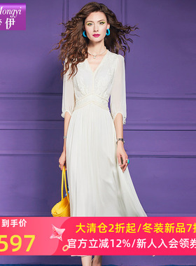 菲梦伊桑蚕丝钉珠绣花白色连衣裙女夏季高端真丝拼接收腰超仙长裙