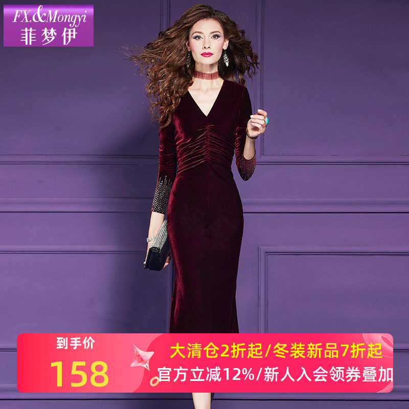 菲梦伊金丝绒连衣裙女秋季新款轻熟气质女人味褶皱修身中长裙礼服
