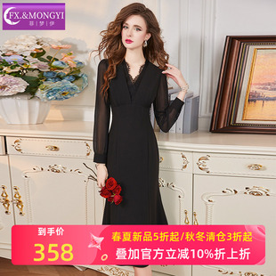 菲梦伊蕾丝边黑色连衣裙女长袖春装高端气质简约修身V领职业裙子