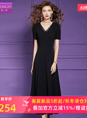 菲梦伊蕾丝边黑色连衣裙女短袖夏季法式高级感赫本收腰V领大摆裙