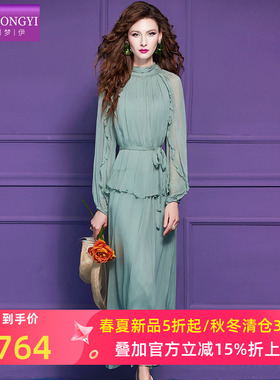 菲梦伊100桑蚕丝绿色连衣裙女夏季高品质轻奢真丝超仙假两件长裙
