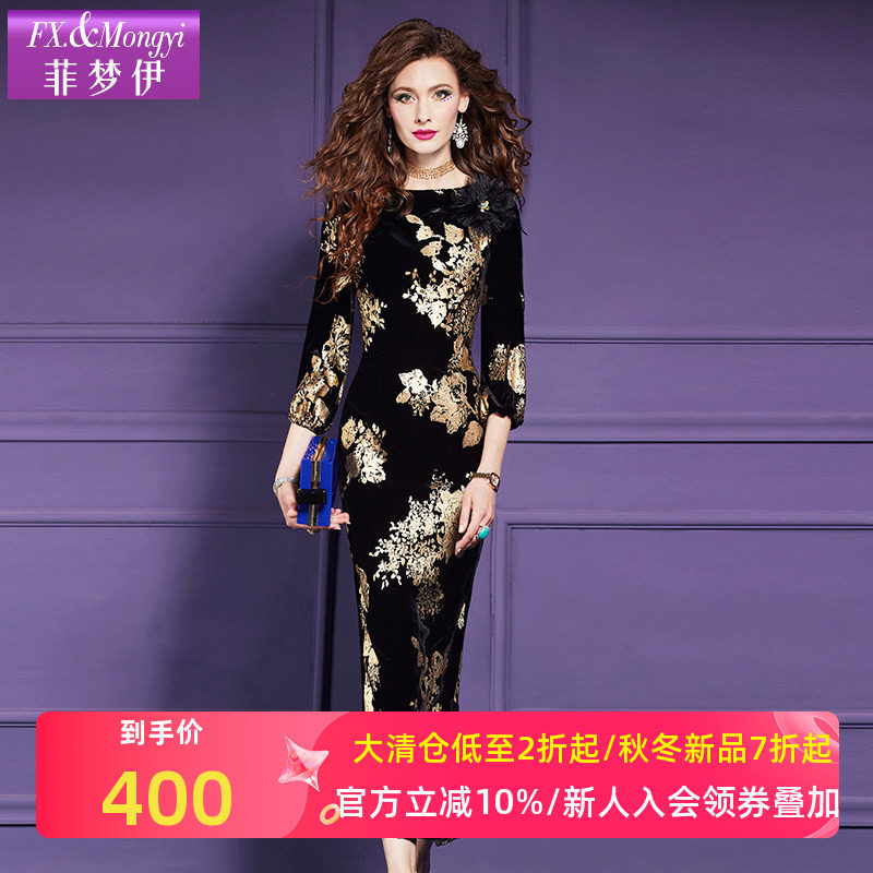 菲梦伊印花黑色金丝绒连衣裙女秋季阔太太高贵优雅气质长裙子礼服