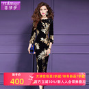 菲梦伊印花黑色金丝绒连衣裙女秋季 阔太太高贵优雅气质长裙子礼服