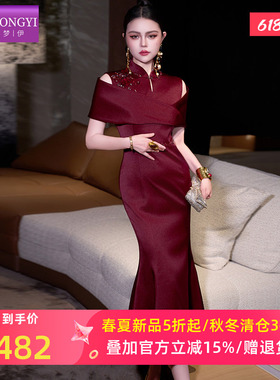 菲梦伊钉珠立领红色连衣裙女短袖夏季复古轻熟高级感修身旗袍礼服