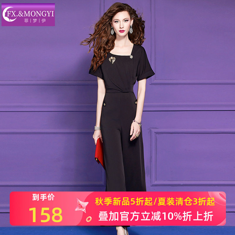 菲梦伊黑色连体裤女夏季斜领设计感高腰通勤职业宽松西装阔腿裤子图片