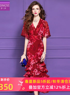 菲梦伊红色印花连衣裙女短袖夏装轻熟气质女神范收腰V领蛋糕裙子