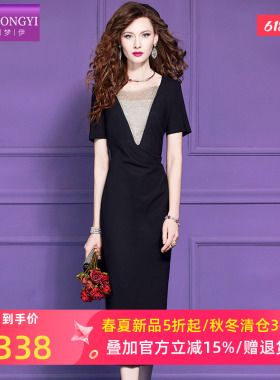 菲梦伊压褶设计感黑色连衣裙女短袖夏季轻熟绝美气质高腰包臀裙子