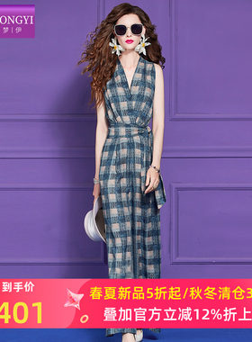 菲梦伊铜氨丝格子连体裤女夏季复古高腰时尚垂感气质V领阔腿裤子