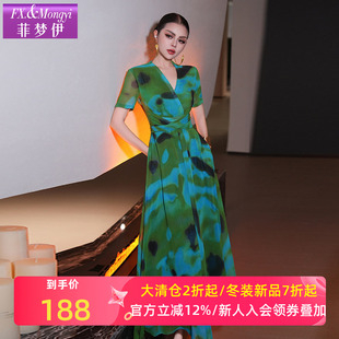 菲梦伊印花连衣裙女短袖夏季复古高级设计感收腰系带V领度假长裙