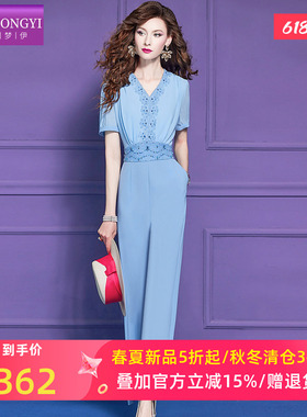 菲梦伊蓝色钉珠连体裤女夏季设计感小众通勤高腰职业西装连衣裤子
