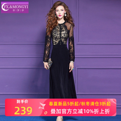菲梦伊蕾丝黑色连衣裙女秋装高贵轻熟性感气质女人味礼服裙