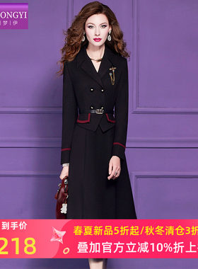 菲梦伊原创黑色西装领连衣裙女冬季设计感高端优雅收腰中长款大衣