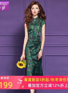 菲梦伊原创格子印花绿色连衣裙女夏季复古高端阔太太新中式旗袍裙