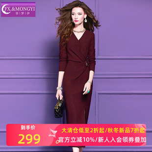 菲梦伊原创红色连衣裙女冬季 设计感褶皱收腰V领开叉打底裙子礼服