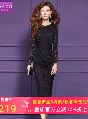 菲梦伊黑色镶钻蕾丝连衣裙女长袖春季轻熟气质女人味性感开叉裙子