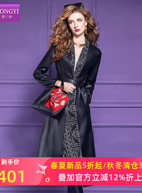 菲梦伊印花黑色皮衣外套女冬季新款复古英伦风收腰系带中长款大衣