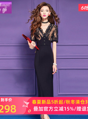 菲梦伊蕾丝黑色连衣裙女短袖夏装高级感名媛性感收腰V领包臀裙子