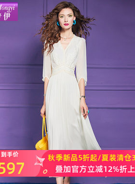 菲梦伊桑蚕丝钉珠绣花白色连衣裙女夏季高端真丝拼接收腰超仙长裙