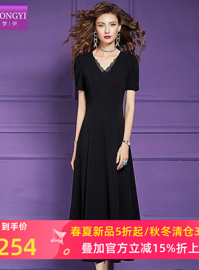 菲梦伊蕾丝边黑色连衣裙女短袖夏季法式高级感赫本收腰V领大摆裙