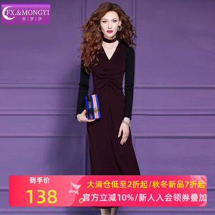 菲梦伊黑色连衣裙女冬季 打底裙 复古轻熟褶皱设计感显瘦V领中长款