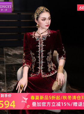 菲梦伊原创刺绣金丝绒红色套装女秋季国风荷叶边气质上衣包臀半裙