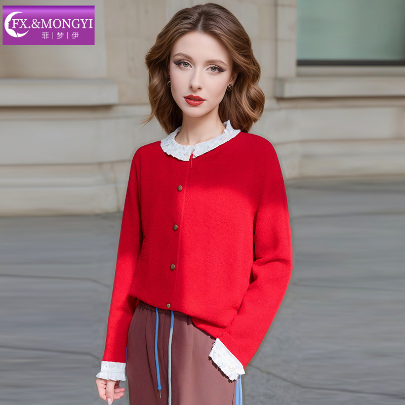 菲梦伊100绵羊毛红色衬衫领针织衫女冬季法式减龄显瘦本命年毛衣