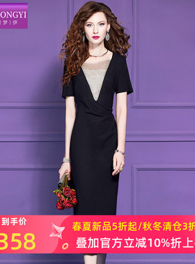菲梦伊压褶设计感黑色连衣裙女短袖夏季轻熟绝美气质高腰包臀裙子