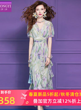 菲梦伊荷叶边印花连衣裙女短袖夏季法式淑女减龄收腰超仙度假长裙