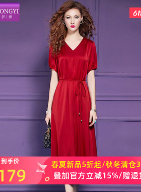 菲梦伊进口三醋酸红色连衣裙女短袖夏季设计感时尚系带V领中长裙