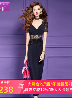 菲梦伊原创钉珠镶钻黑色连衣裙女夏季轻熟高级性感收腰V领开叉裙