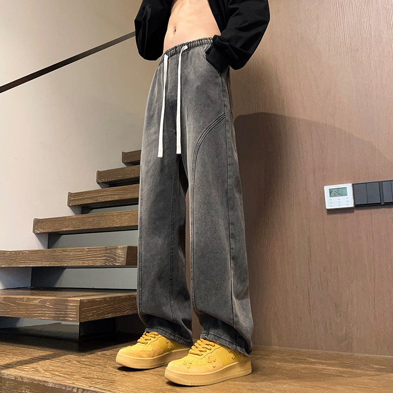 春秋季男女款拼接松紧腰复古牛仔长裤XZ503-1K822P55控78,男装休闲裤,星座503-1