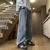 秋冬新款简单拼接直筒美式牛仔裤男女同款XZ503-K835P55控78，男装牛仔裤，星座503-1