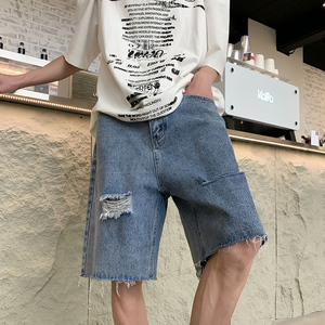 2025夏季纯色水洗割破男女同款五分牛仔短裤XZ503-1DK507P45控68图片
