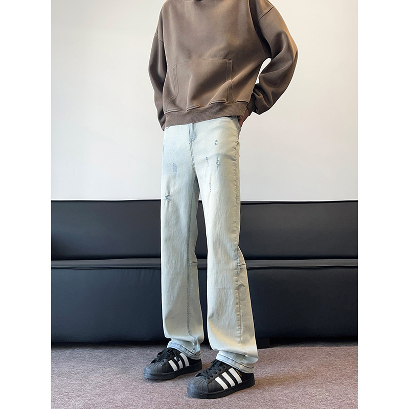 现货！弹力修身三色磨破拼接直筒牛仔长裤XZ503K828P55控78，男装休闲裤，星座503-1